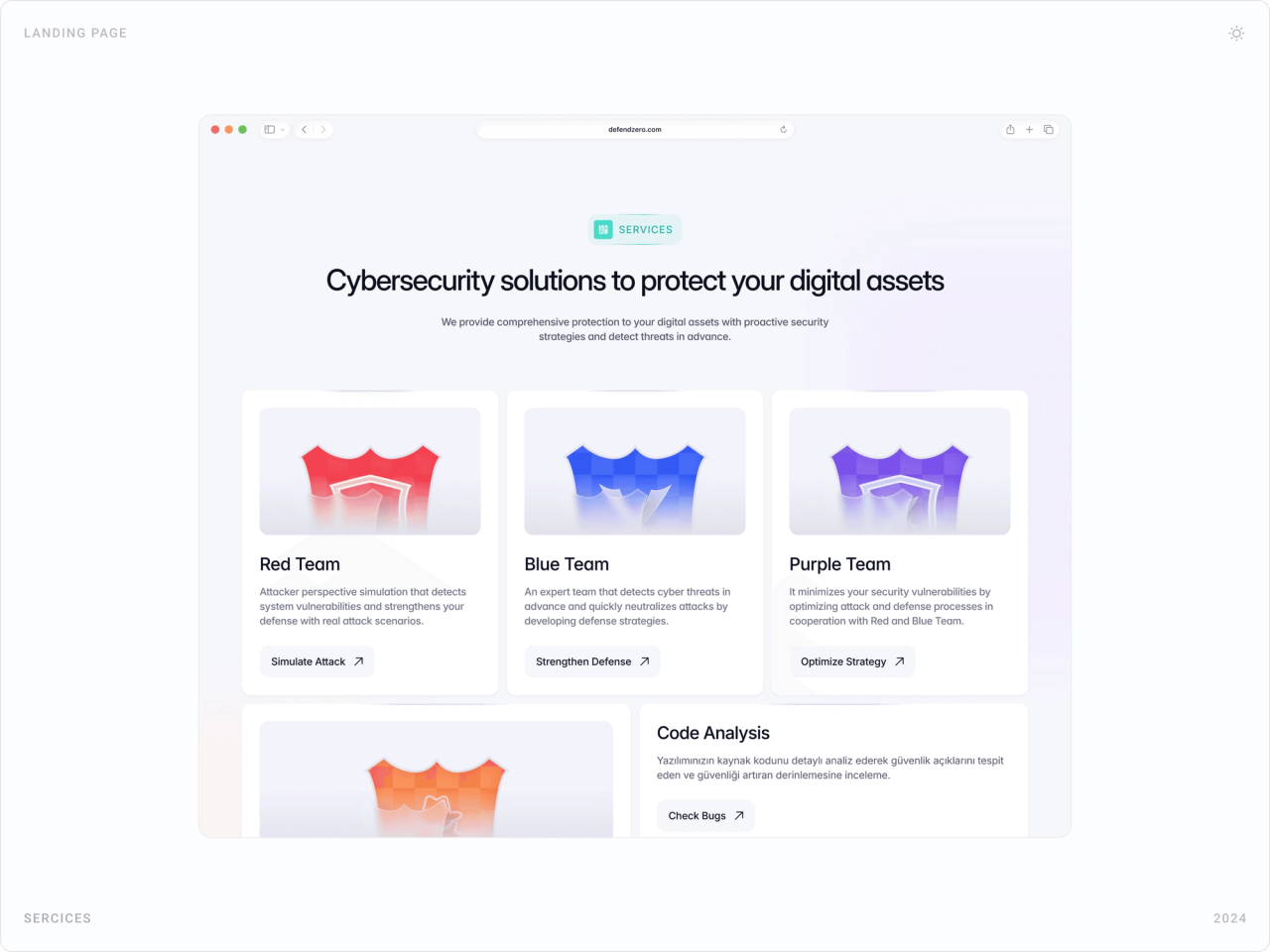 Services section “Cybersecurity solutions to protect your digital assets” with red, blue and purple shield cards and Code Analysis