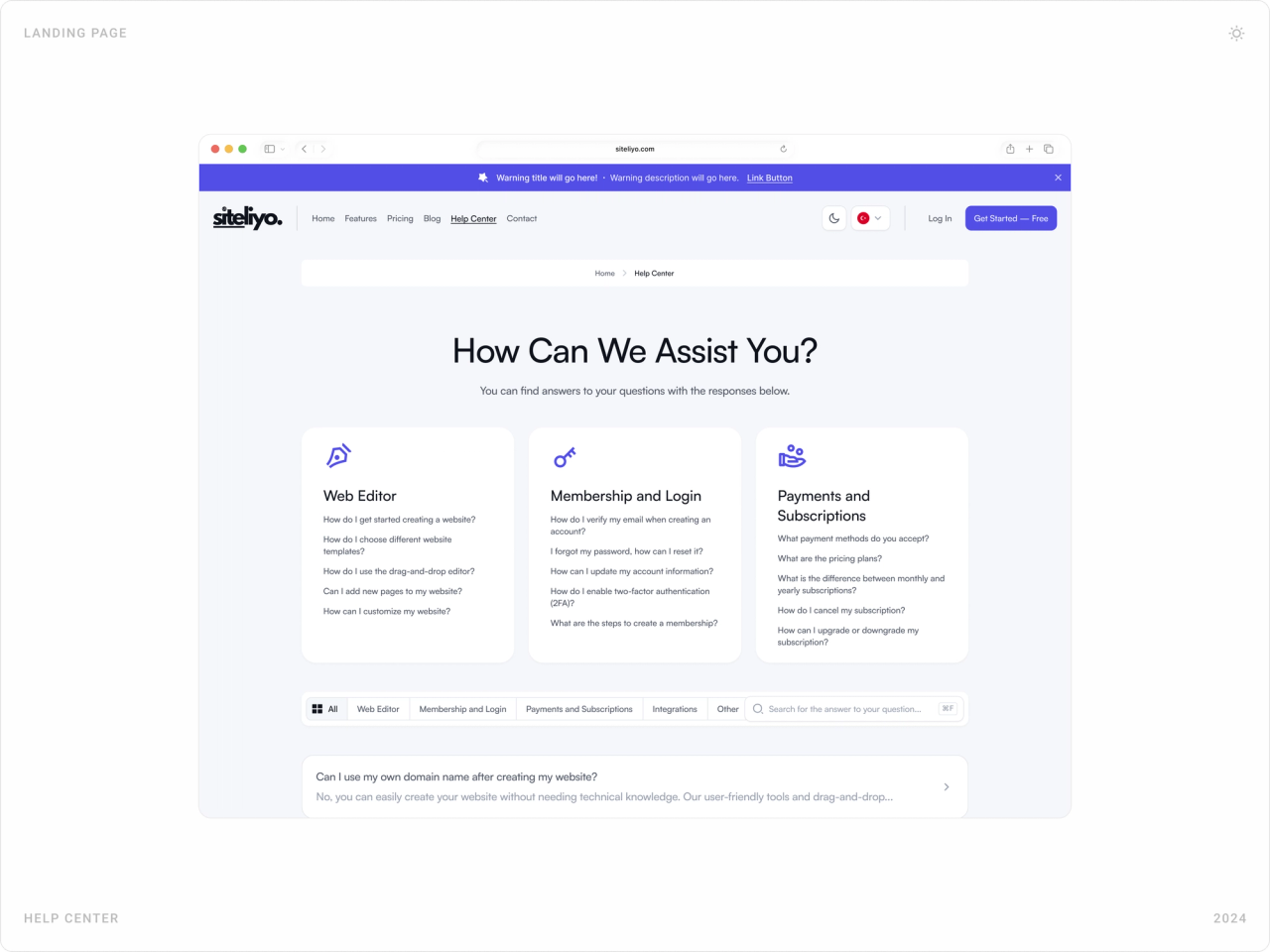 Help center “How Can We Assist You?” with topic cards for web editor, membership and payments, and a searchable FAQ