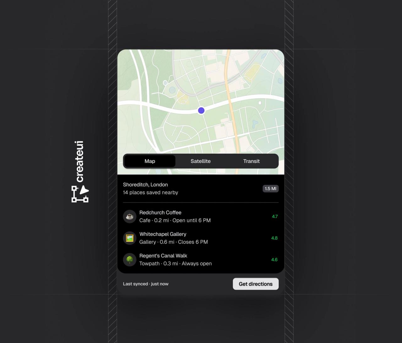 Map block with Map, Satellite and Transit tabs and a list of nearby places, in light and dark