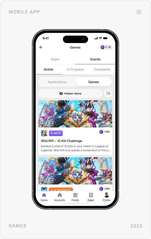 Evidence upload area with task rules, a Games events list with Wild Rift challenges, and an app offer detail page