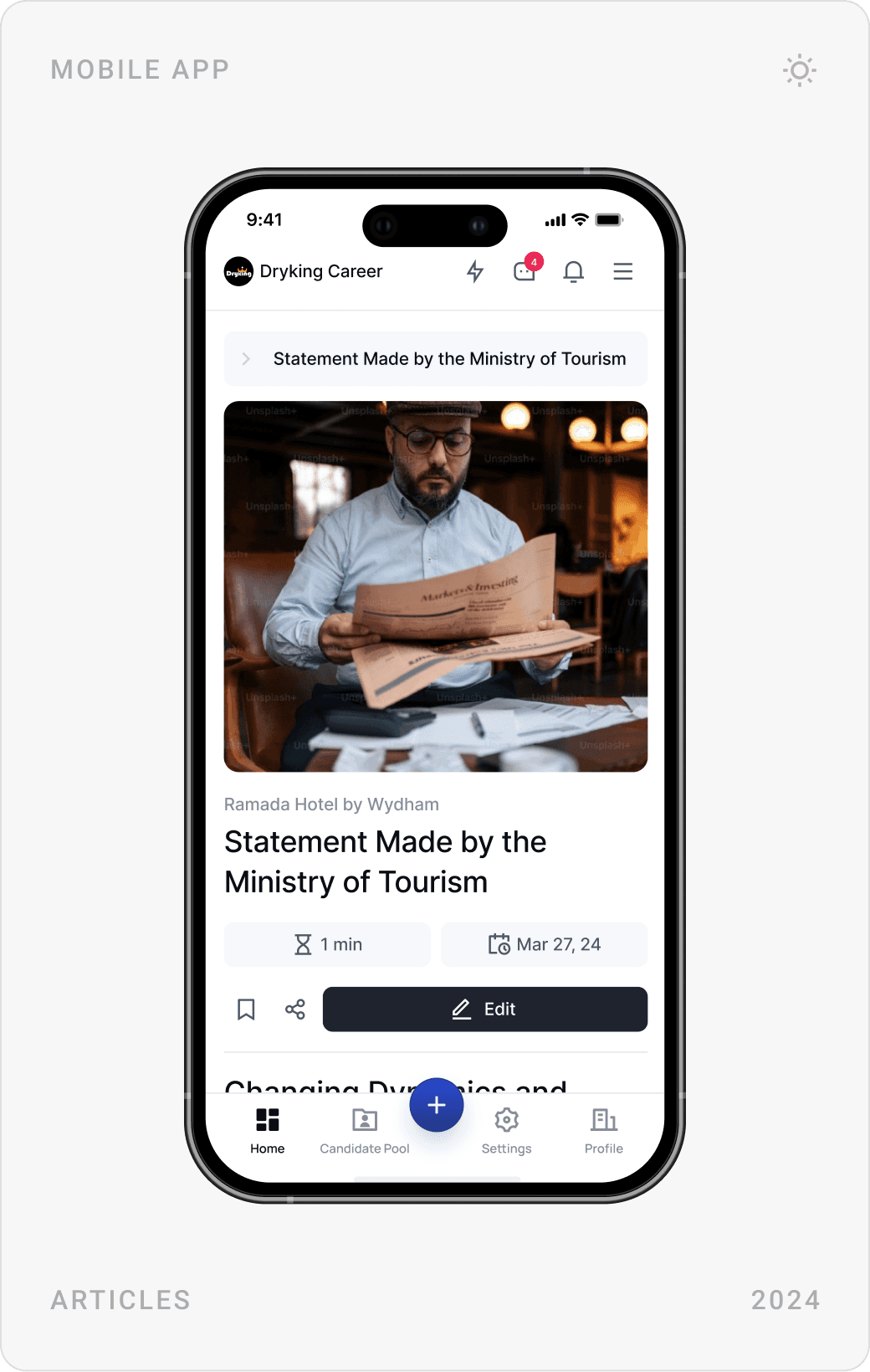 Mobile industry articles list, filter panel with profession, company, location and rating, and article detail page