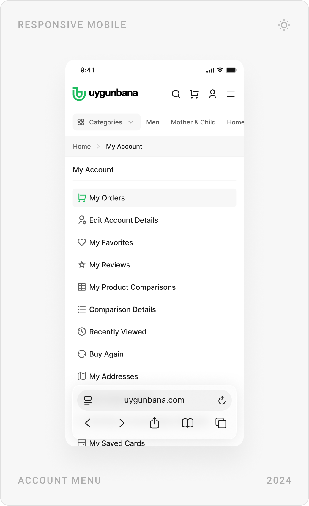 Mobile account menu, security settings with password rules, and favourites