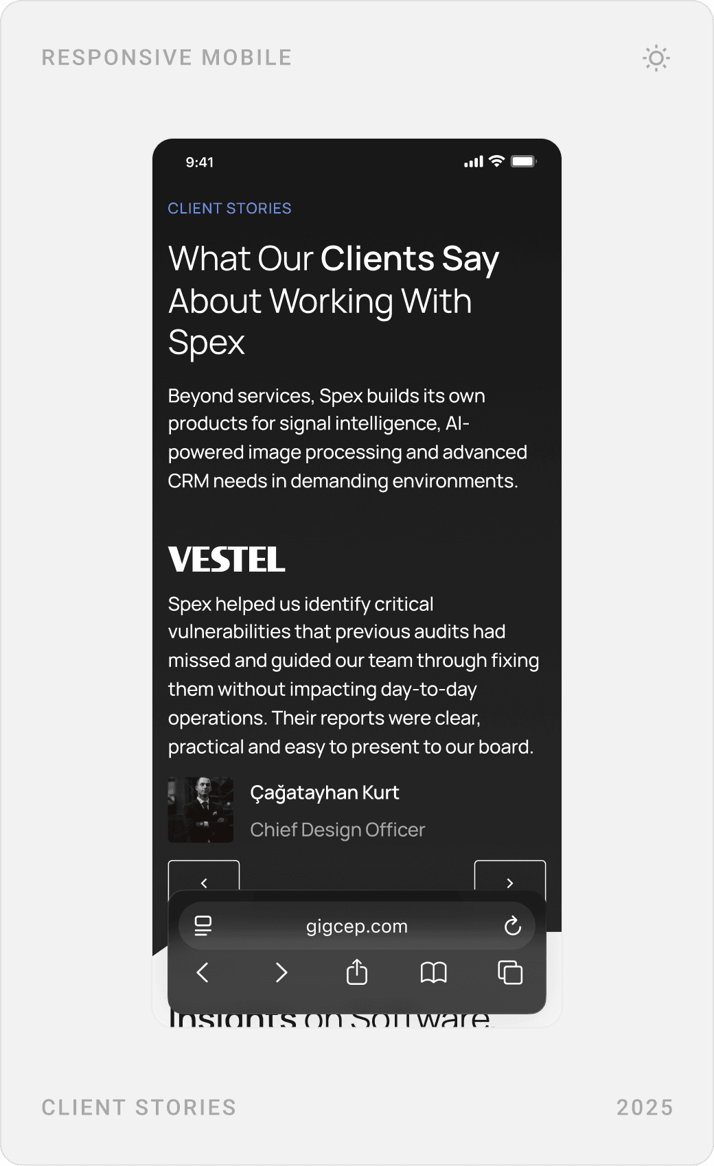 Mobile dark sections: trusted partners, client stories with a quote, and insights on software, security and infrastructure