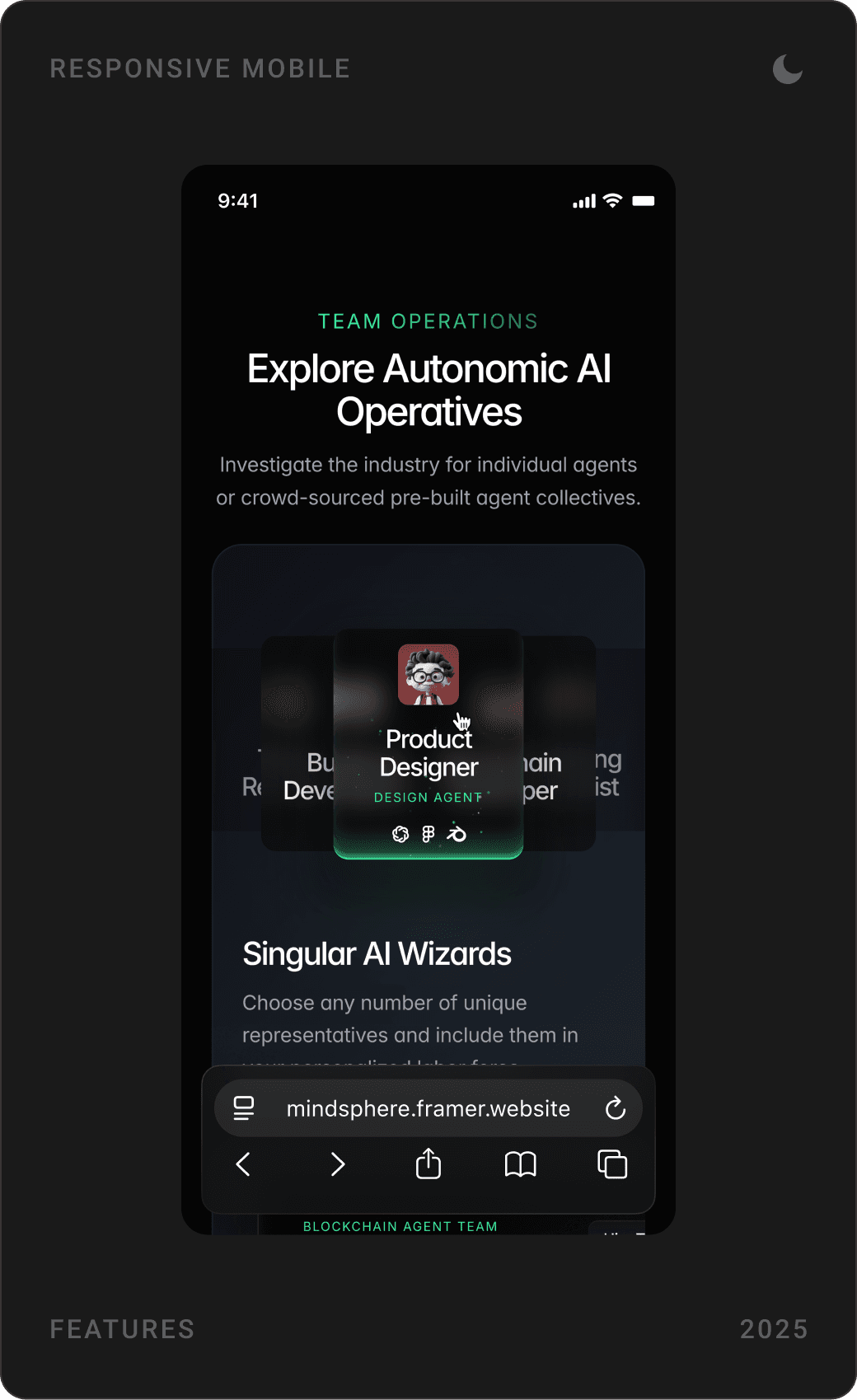 Mobile sections: explore AI operatives with a product designer agent, build a custom squad of agents, and merge your preferred applications