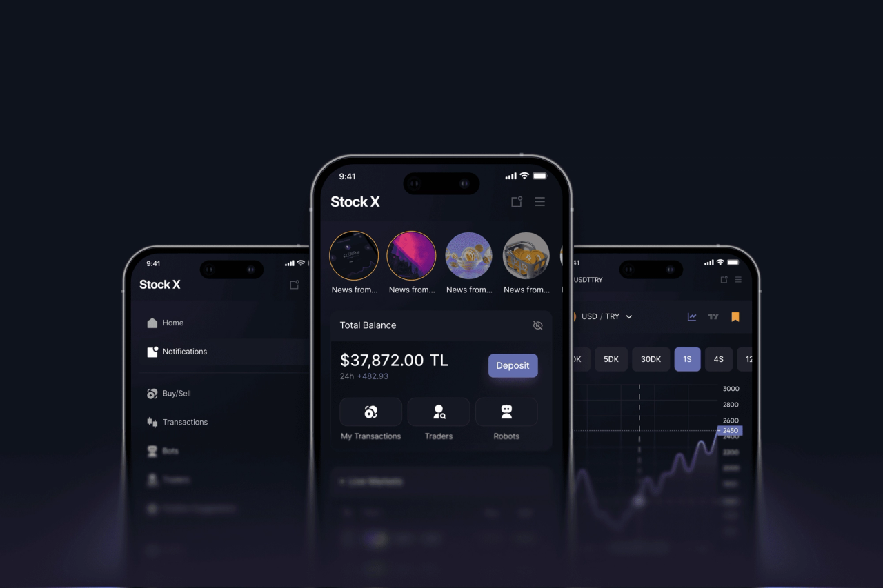 Three Stock X phones in dark mode: side menu, home with total balance and news stories, and a price chart