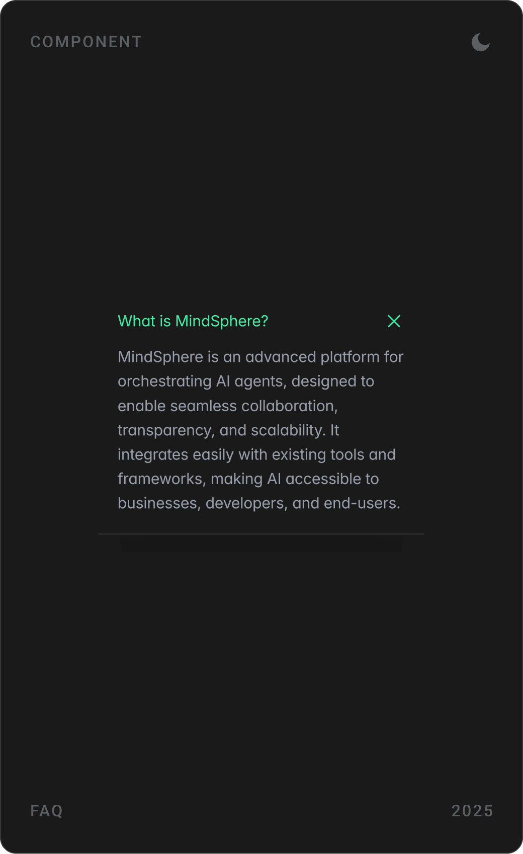 FAQ components: collapsed question list, topic menu from General to Support, and an expanded “What is MindSphere?” answer