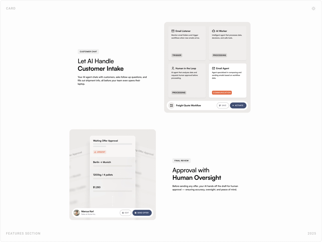 “Let AI handle customer intake” and “Approval with human oversight” feature cards