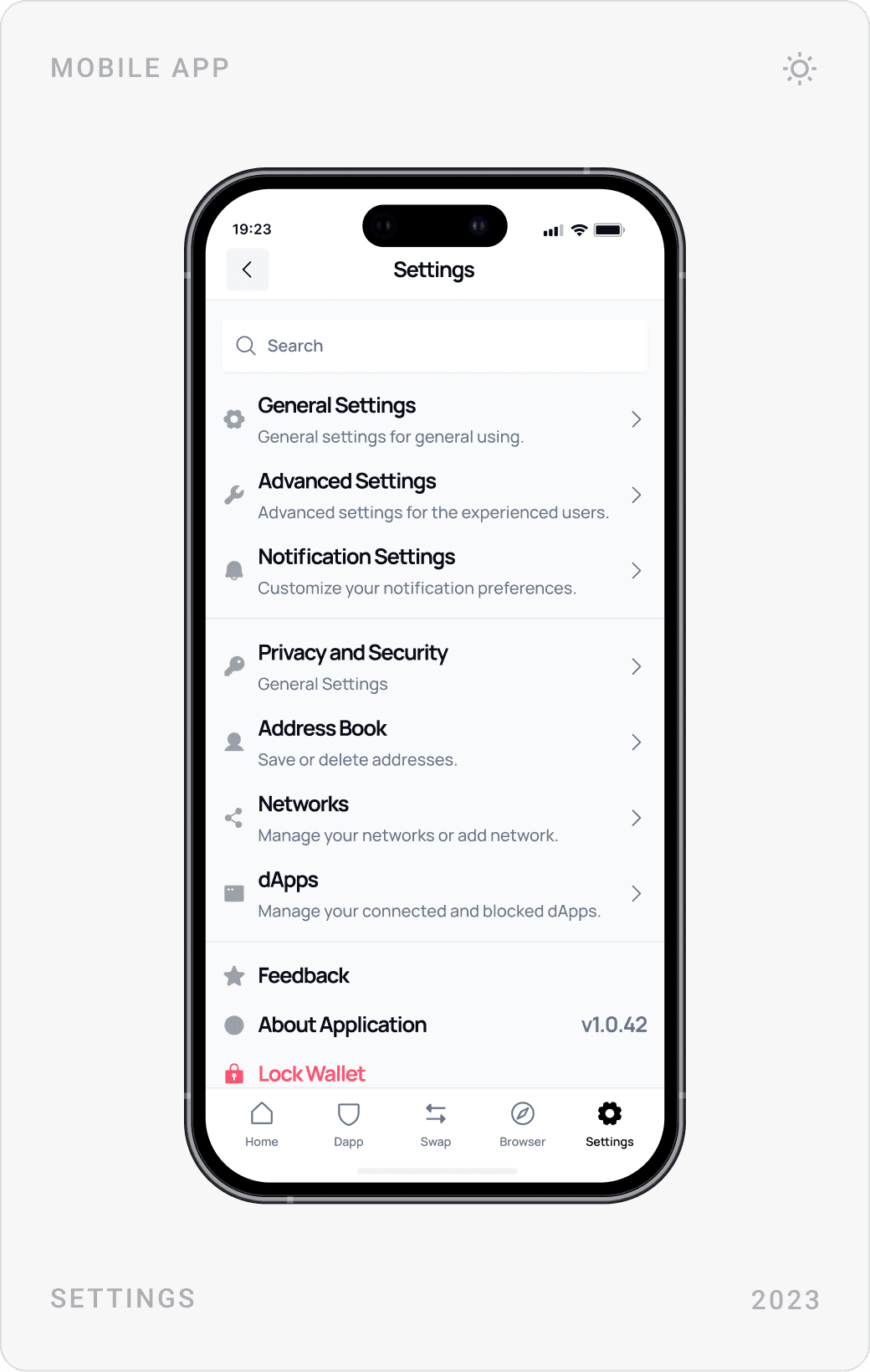 Settings menu, Privacy and Security settings with toggles, and a network list with mainnets and testnets
