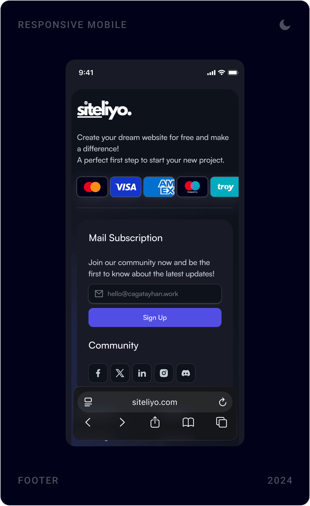 Mobile dark blog index, an article titled “Ways to Make Your Website Faster and More Secure” and the footer
