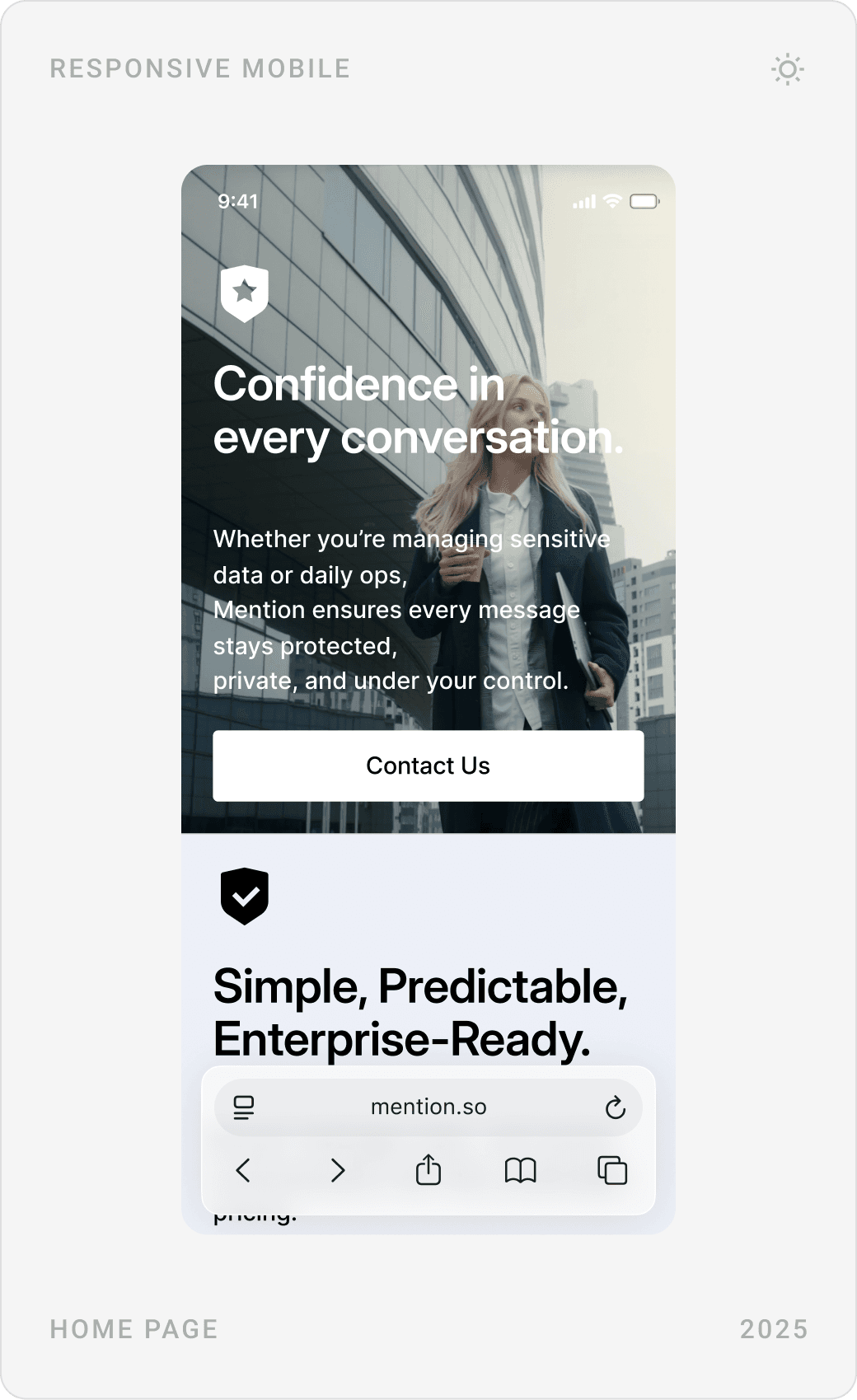 Mobile product cards for threads and direct messages, encrypted file sending, and the “Confidence in every conversation” section