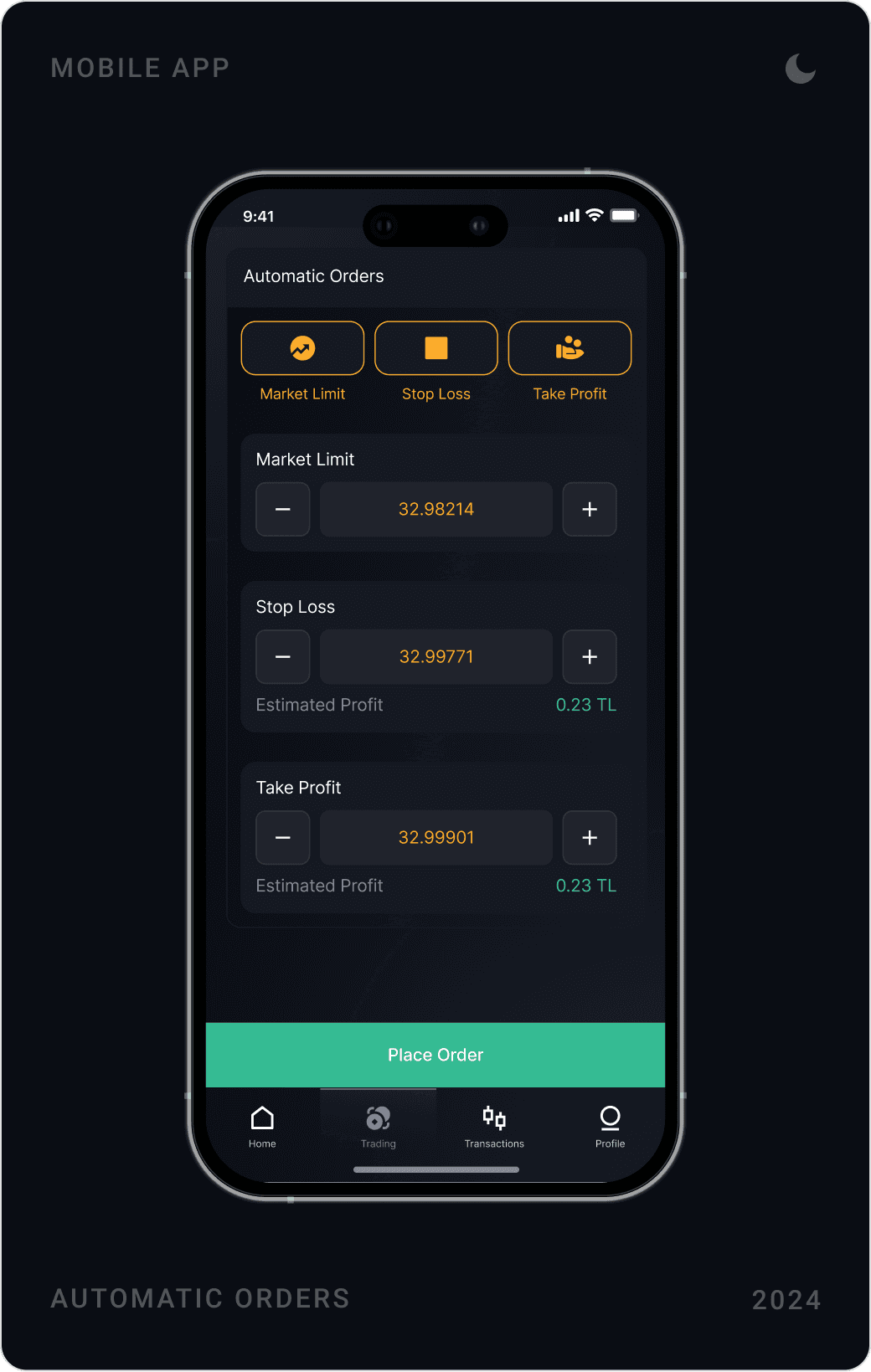 Dark automatic orders screen with market limit, stop loss and take profit, transaction history list, and withdrawal details