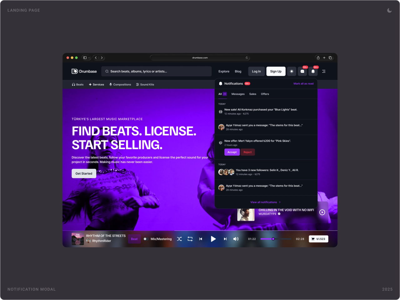 Drumbase homepage with the notifications panel open, showing messages, sales and offers
