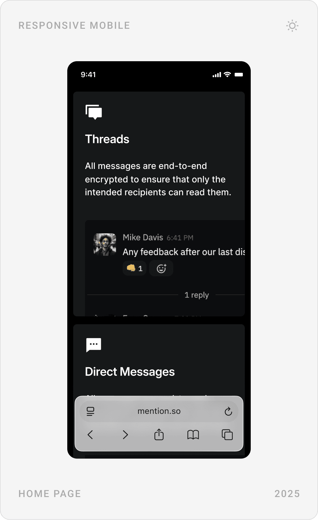 Mobile product cards for threads and direct messages, encrypted file sending, and the “Confidence in every conversation” section