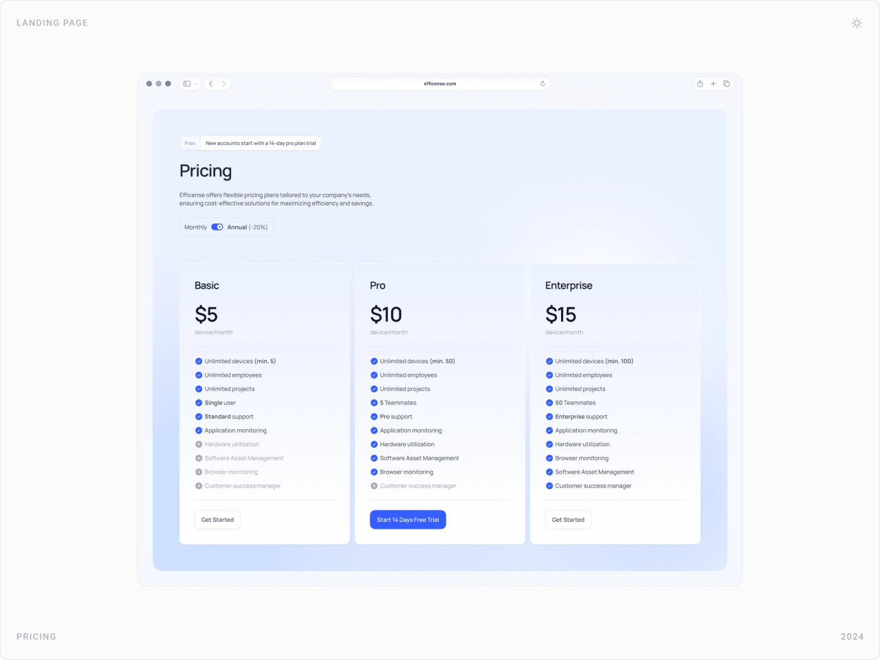 Pricing page with Basic, Pro and Enterprise plans and feature checklists