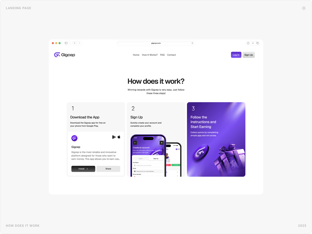 “How does it work?” section with three steps: download the app, sign up, follow the instructions and start earning