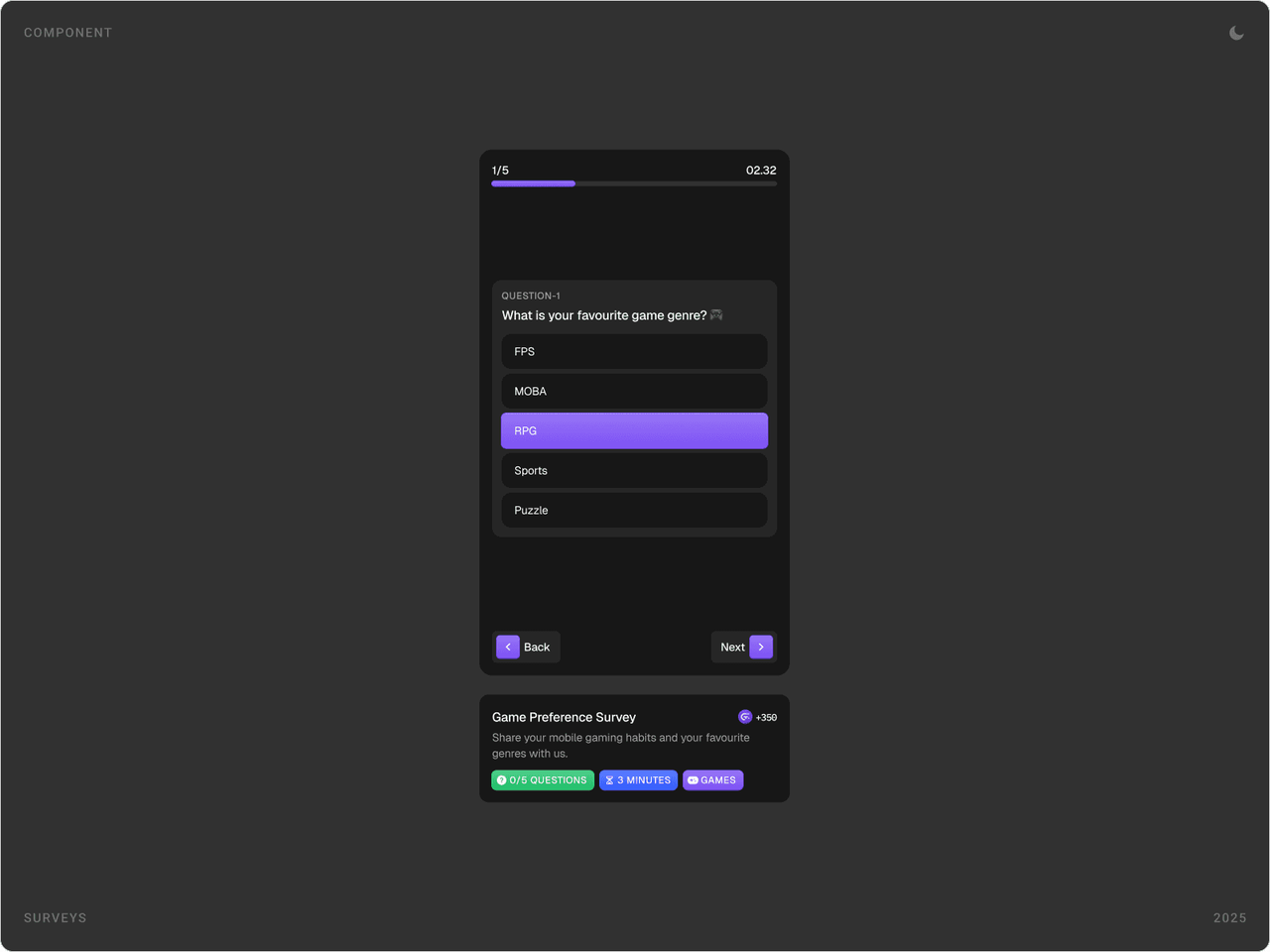 Survey component with a progress bar and timer, a game genre question, and a Game Preference Survey card