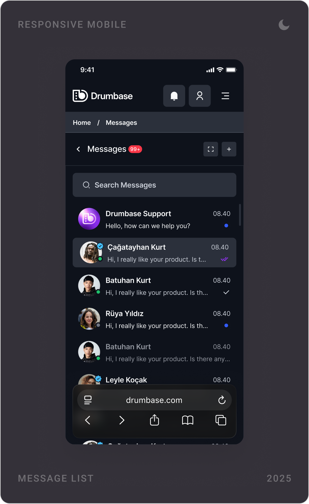 Dark mode mobile screens: create account, a message thread negotiating a beat price, and the message list