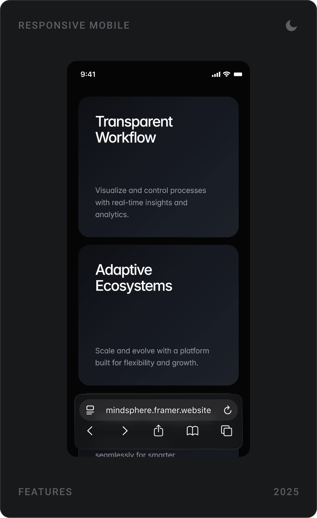 MindSphere mobile screens: robot hero with Connect Dapp button, key features intro, and transparent workflow and adaptive ecosystems cards