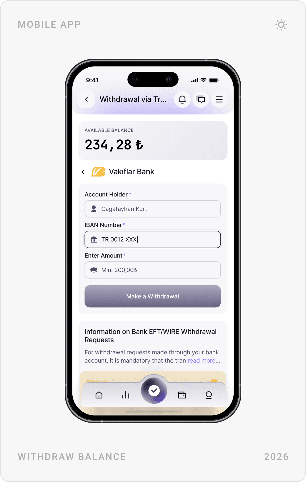 Bank withdrawal form with account holder, IBAN and amount, USDC withdrawal form with network and wallet address, and a live support chat