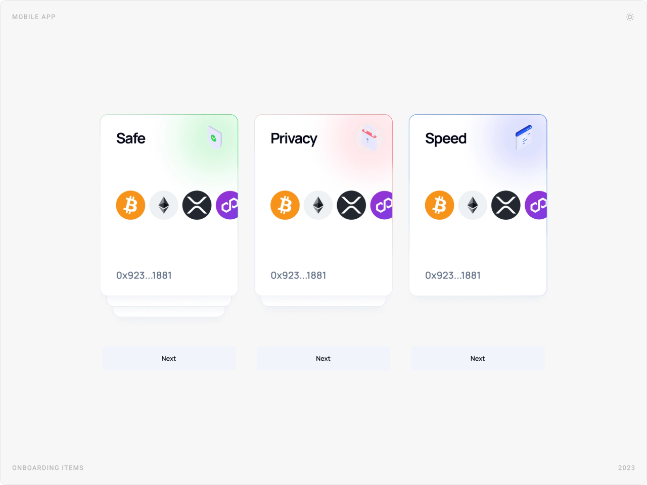 Onboarding cards titled Safe, Privacy and Speed with token icons and a wallet address