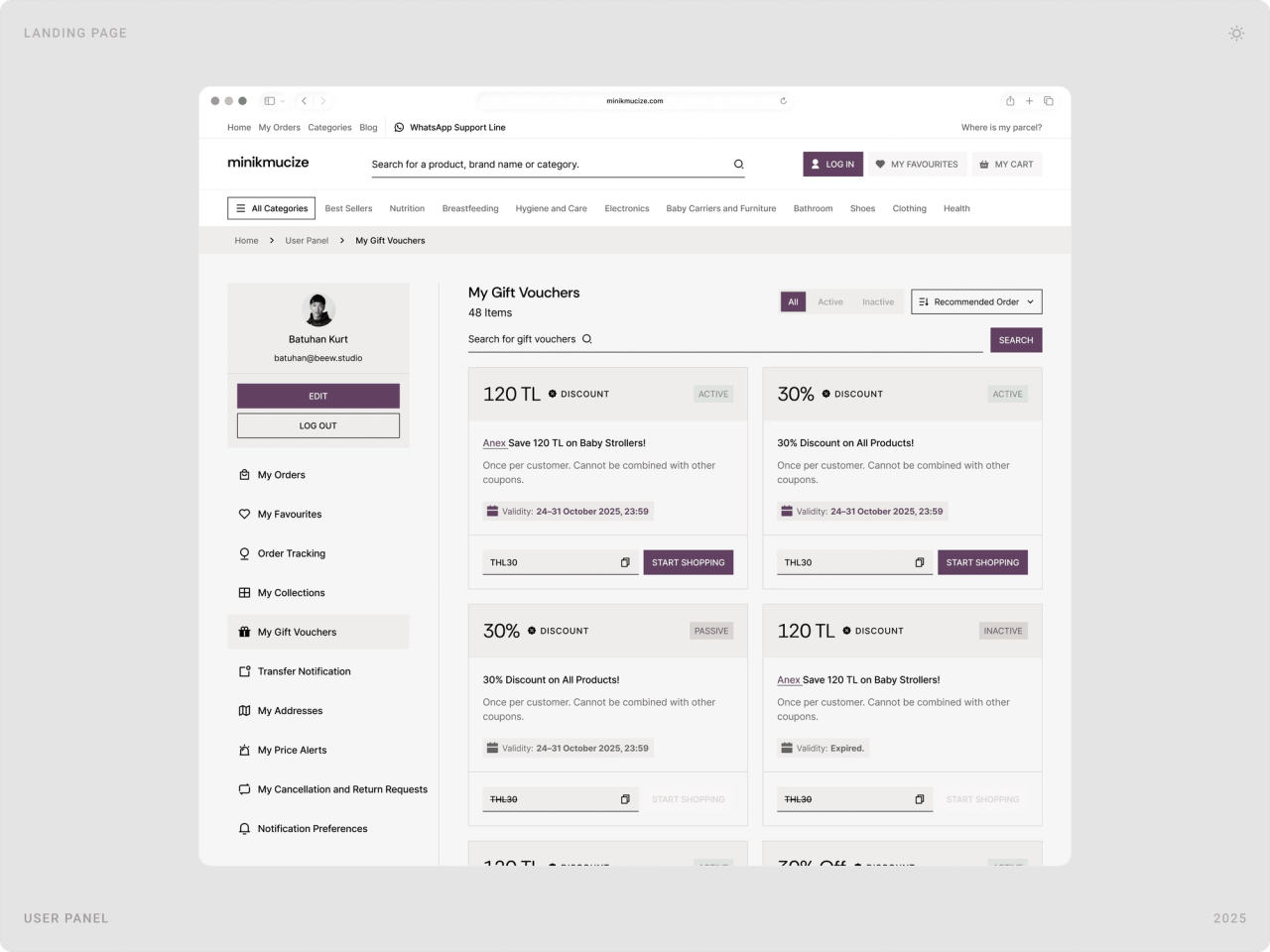 Desktop user panel with account sidebar and a grid of gift voucher cards showing value, status and expiry date