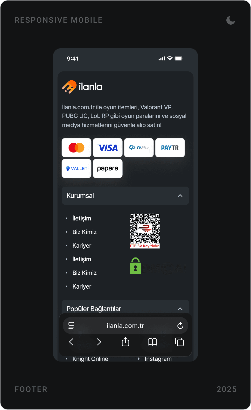 Mobile Featured Deals with countdown timer, “Günün Fırsatları” game category chips, and footer with payment methods