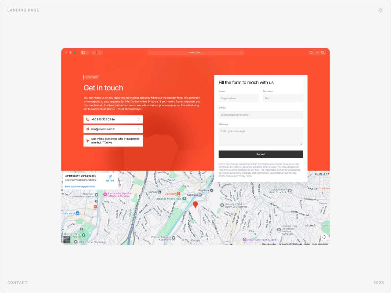 Enorm contact page in red with phone, email and address, a “Fill the form to reach with us” form and a map