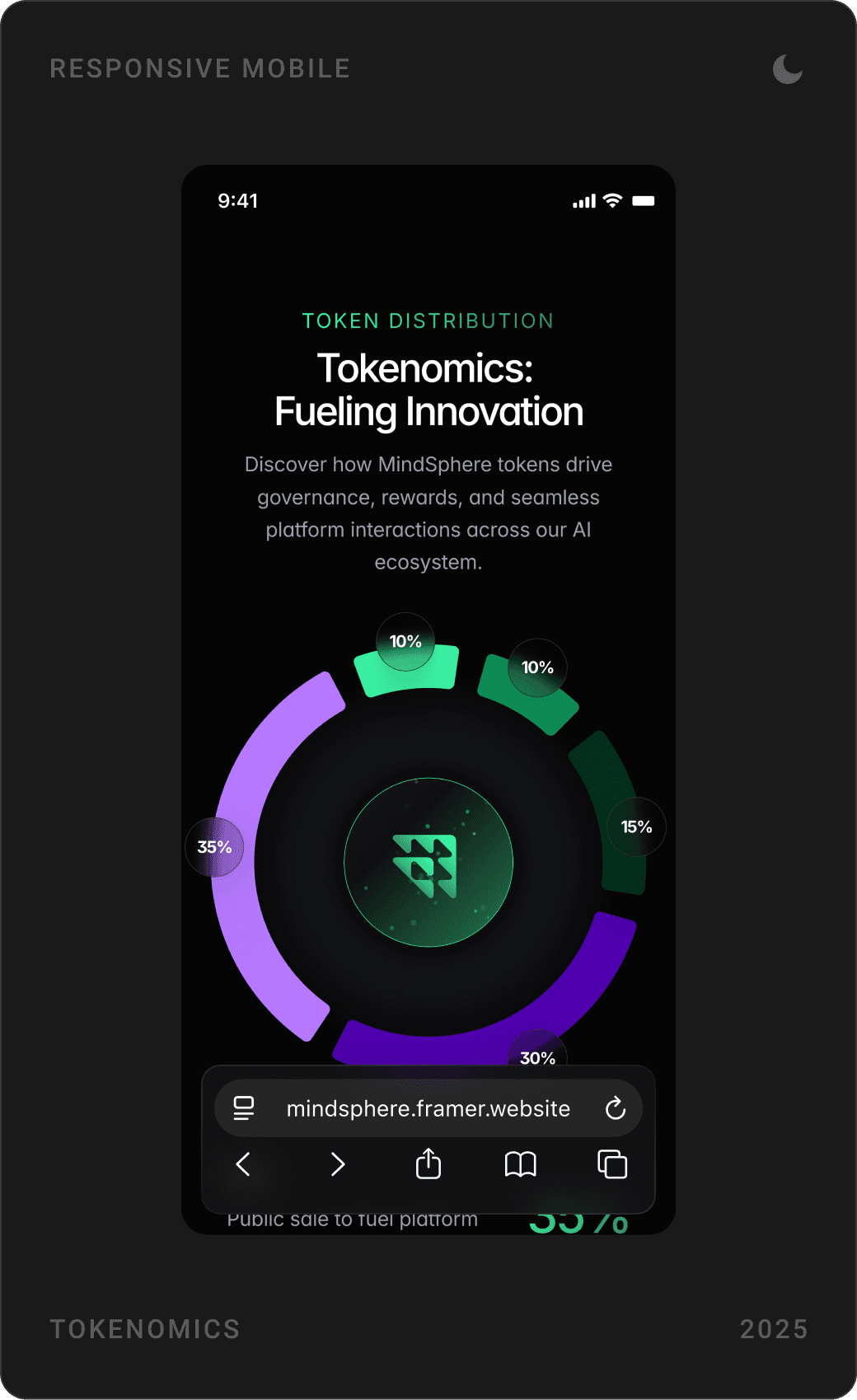Mobile tokenomics donut chart, token allocation list, and “Empowering Collaboration” community section with Twitter / X card