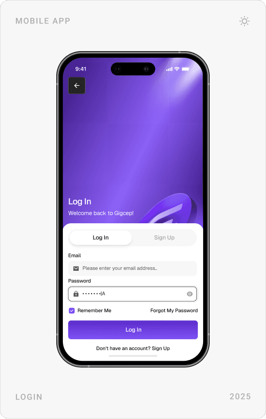 Create account form, log-in screen and “I forgot my password” screen with keyboard