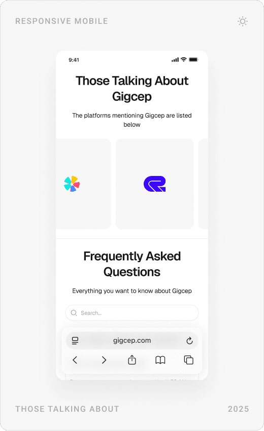 Mobile landing page: hero with store buttons, “Download Gigcep Now” banner, and the “Those Talking About Gigcep” and FAQ sections