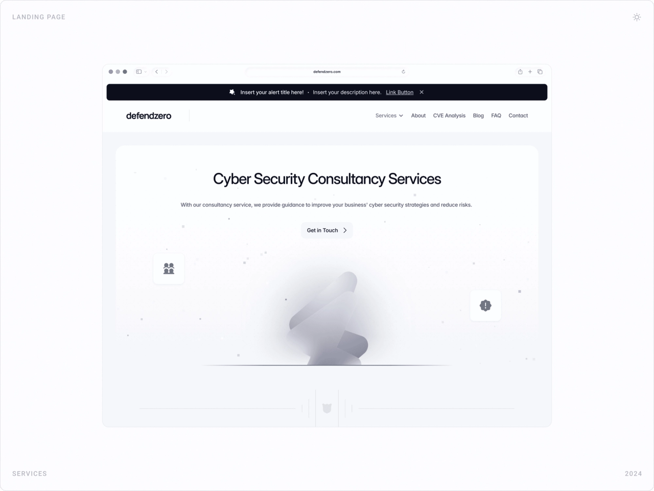 Consultancy page: “Cyber Security Consultancy Services” with a grey 3D form and Get in Touch button