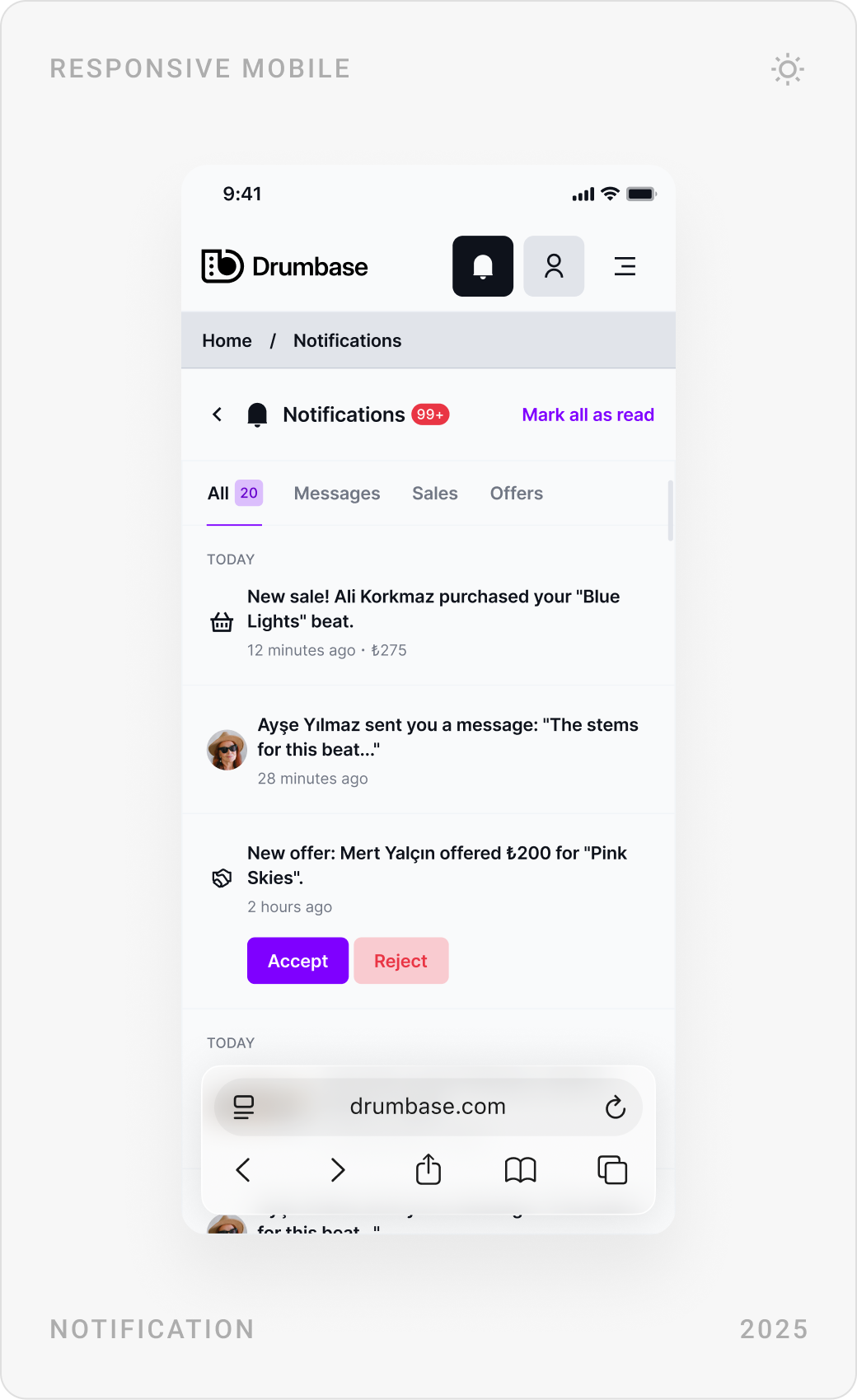 Mobile drawer menu with wallet balance and account links, the mobile homepage, and the notifications list with an offer to accept or reject