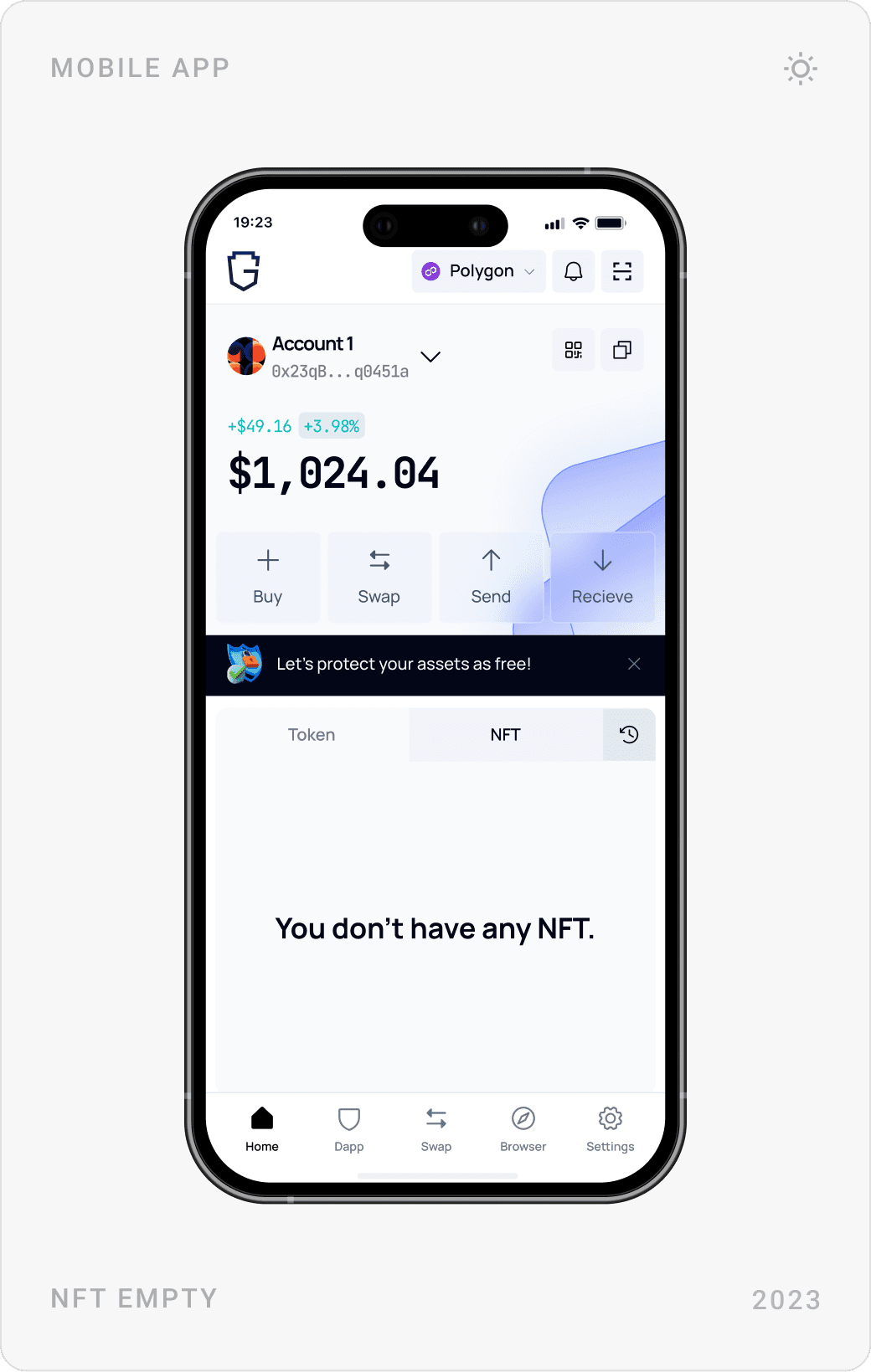 NFT tab empty state, NFT collection grid, and NFT detail page for “Neon Citizen Code” with a Send button