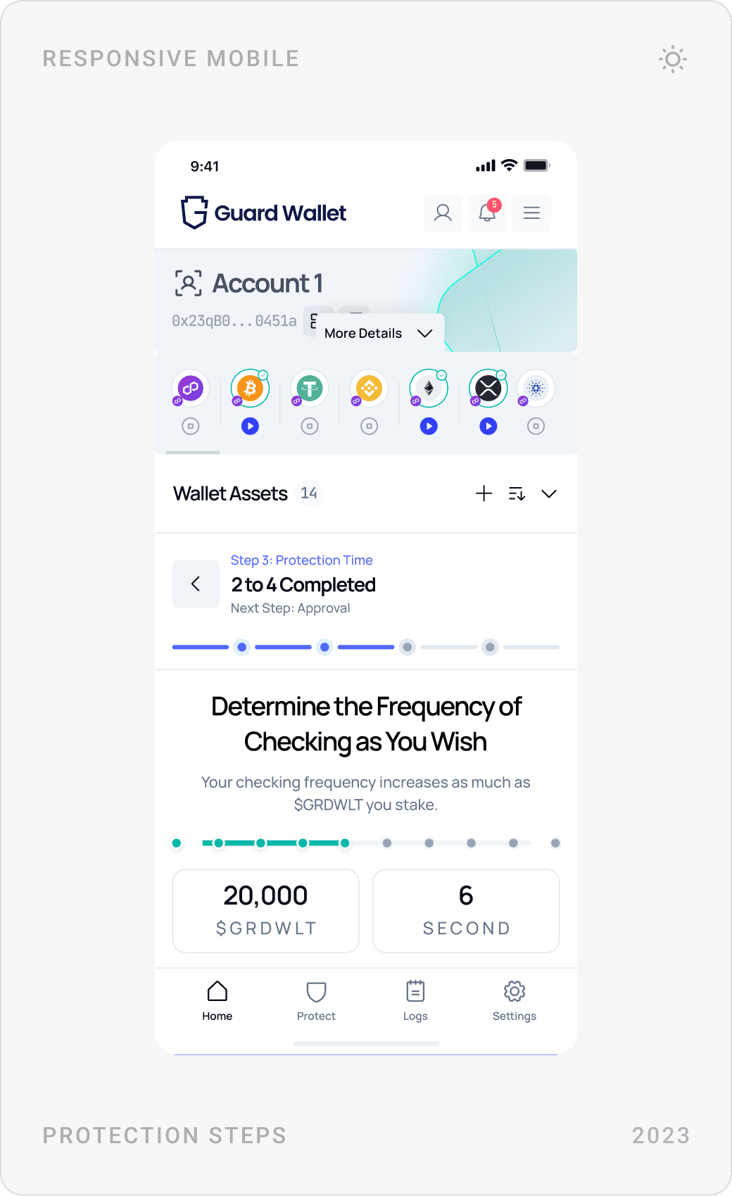 Responsive mobile dashboard: home with protection options, last transactions, and the checking frequency protection step