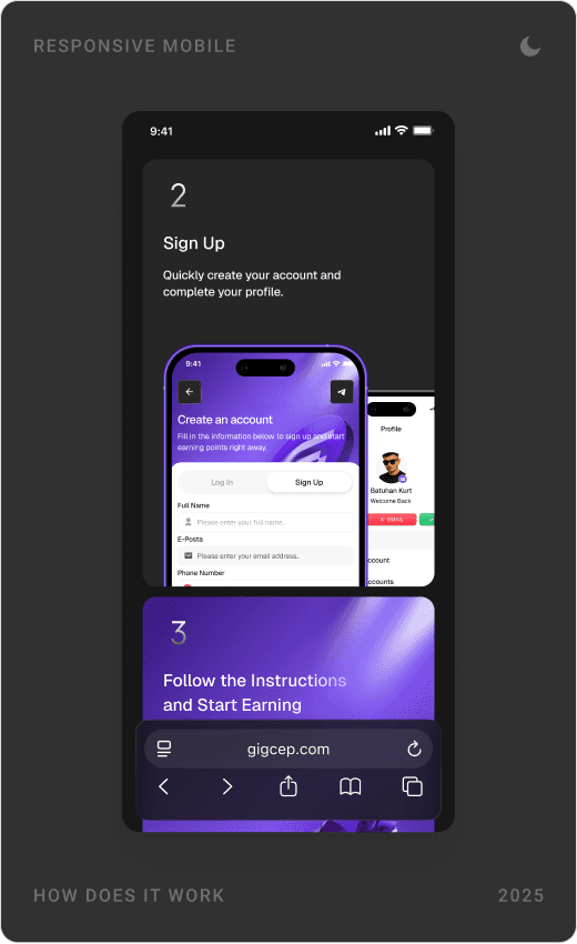 Mobile “How does it work?” steps in dark theme: download the app, sign up, follow the instructions
