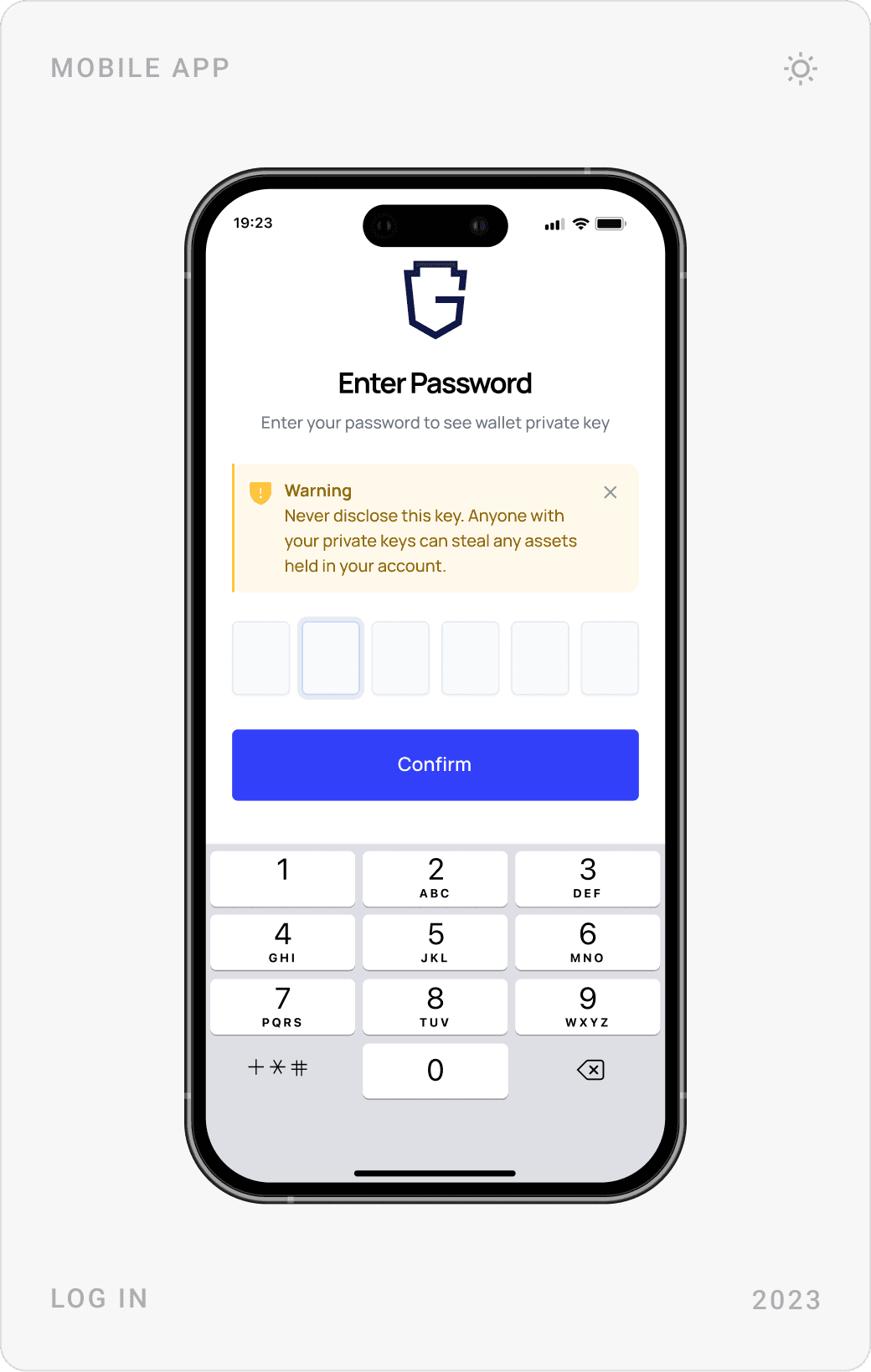 Transaction history screen, Enter Password screen with warning and keypad, and Show Private Key screen