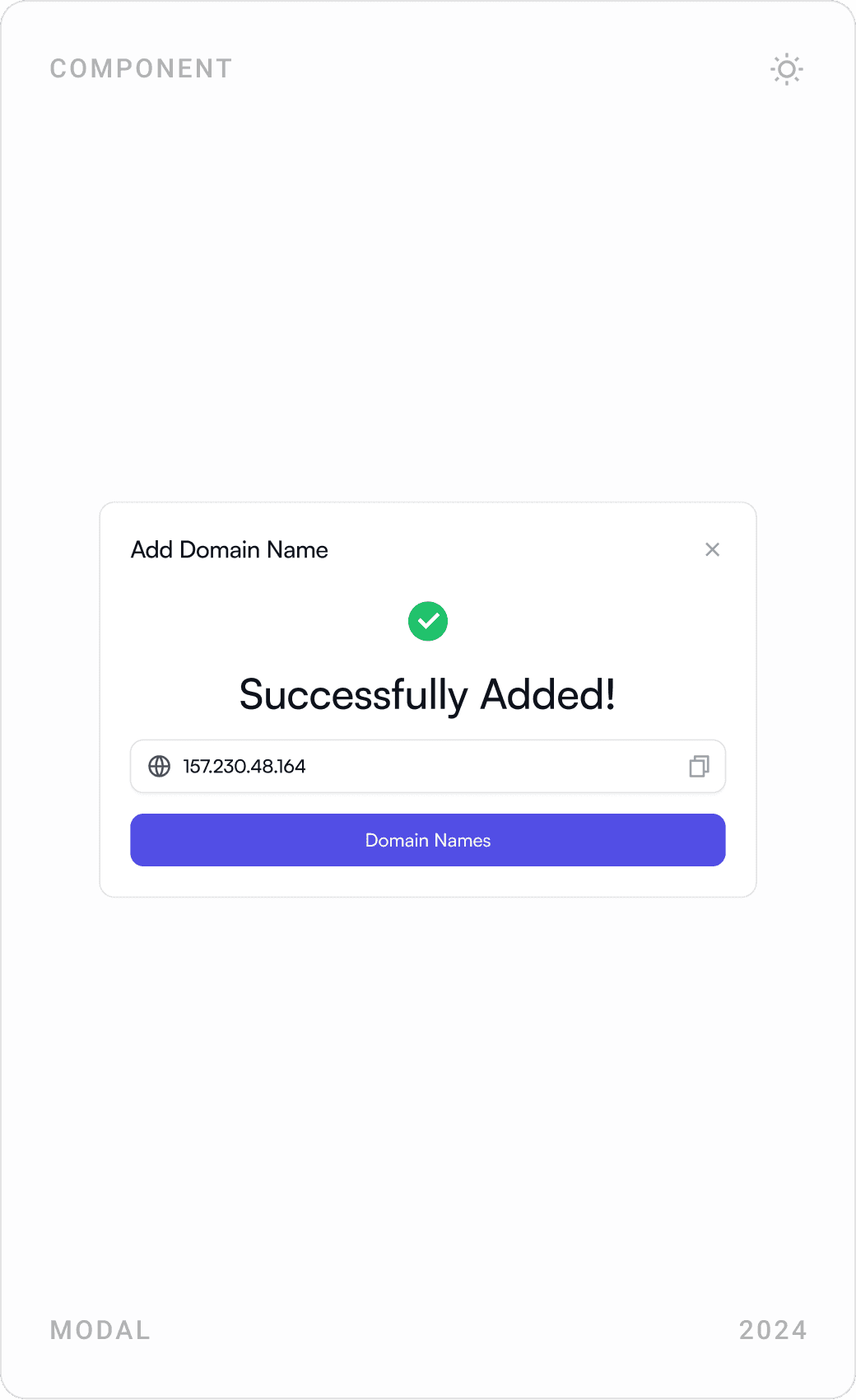 Add Domain Name modal in three states: success, DNS connection failed with the server address, and domain entry