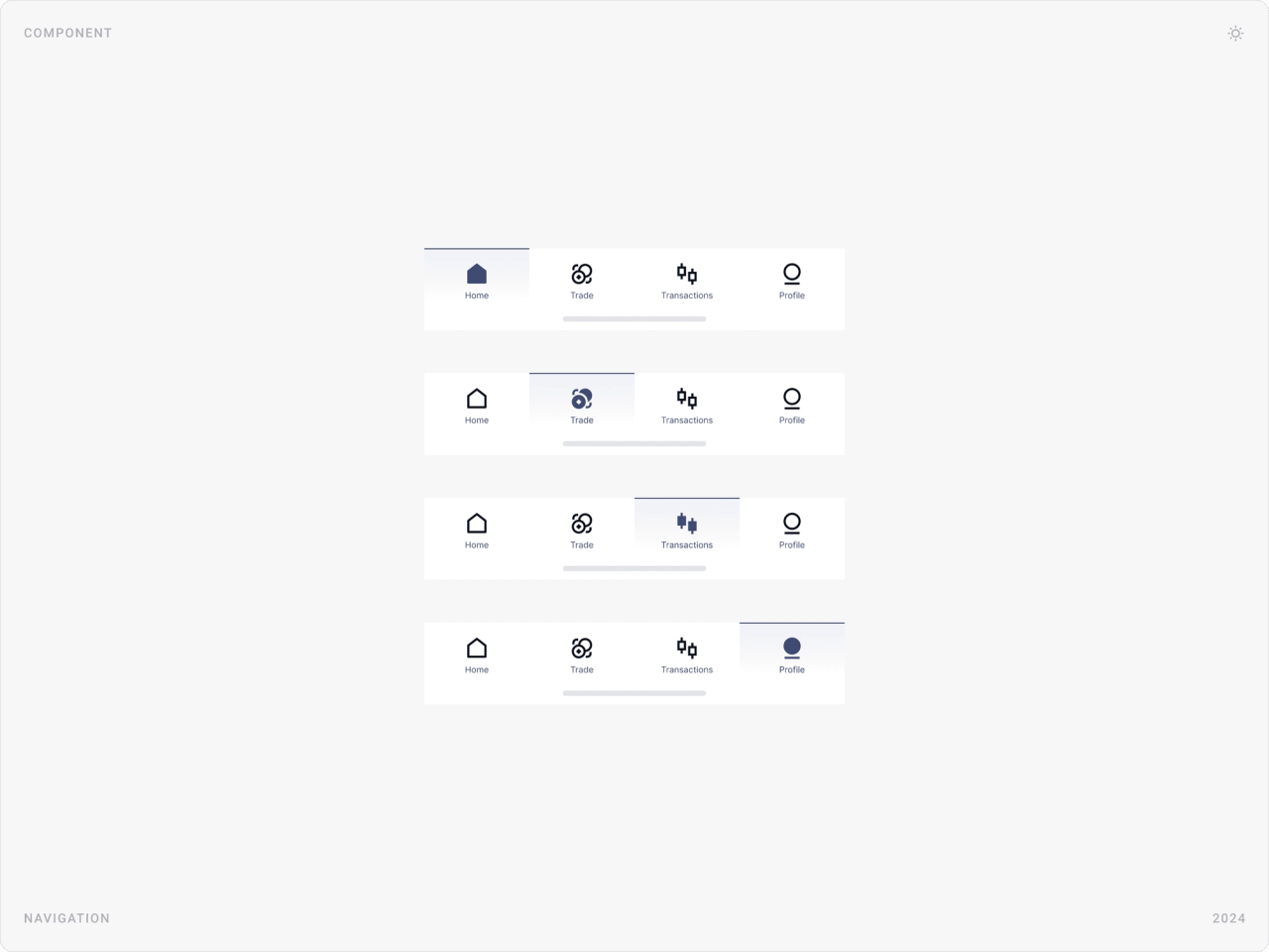 Bottom navigation bar component in four states, with home, trading, transactions and profile tabs