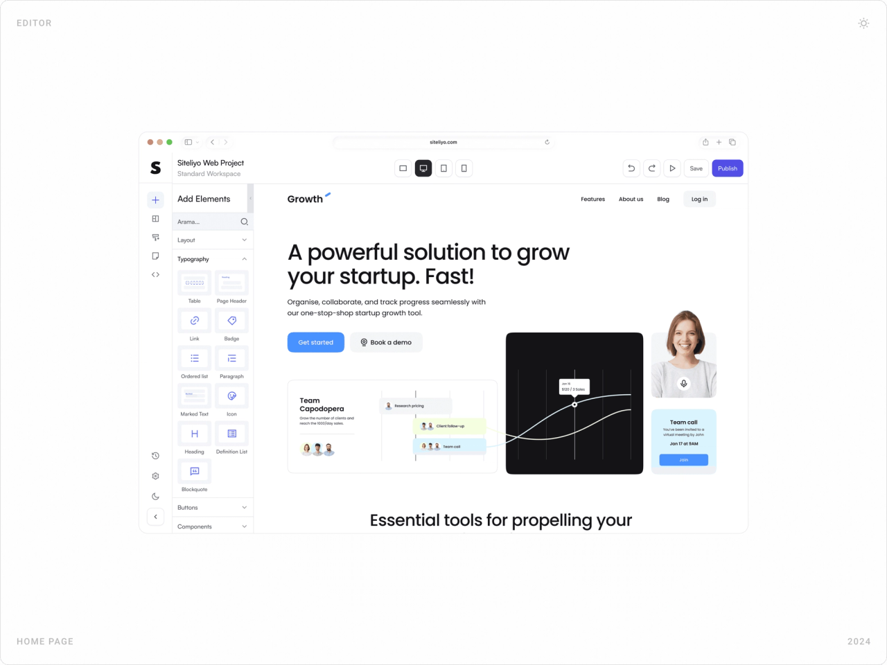 Siteliyo editor with the Add Elements panel on the left and a startup homepage being edited in the canvas