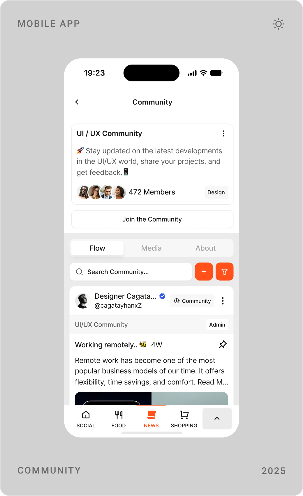 Community page for a UI/UX community, its moderators and members list, and a feedback screen