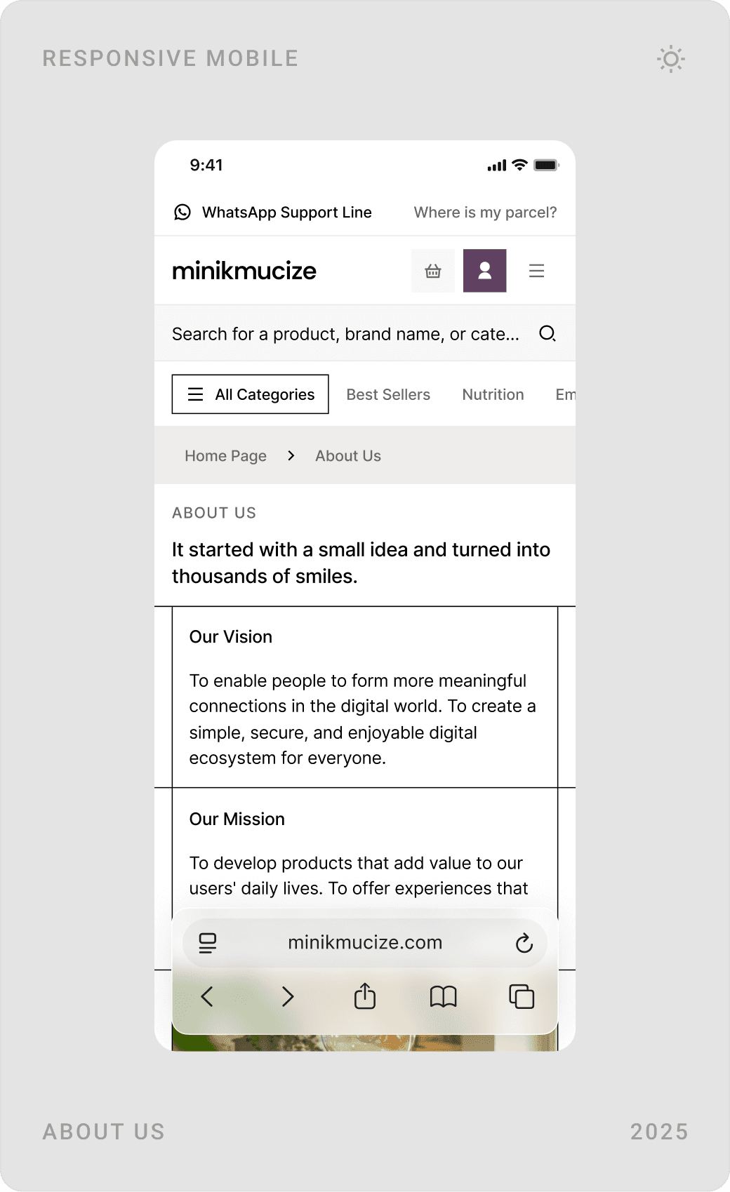 Mobile FAQ with topic tabs, contact page with email, phone and working hours, and about page with vision and mission