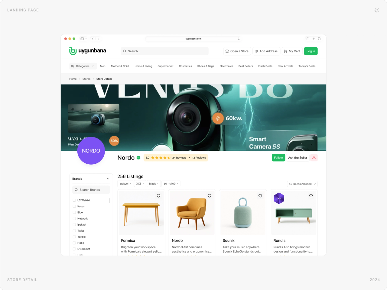 Store page for Nordo with a camera banner, rating, follow button, filters and 258 listings