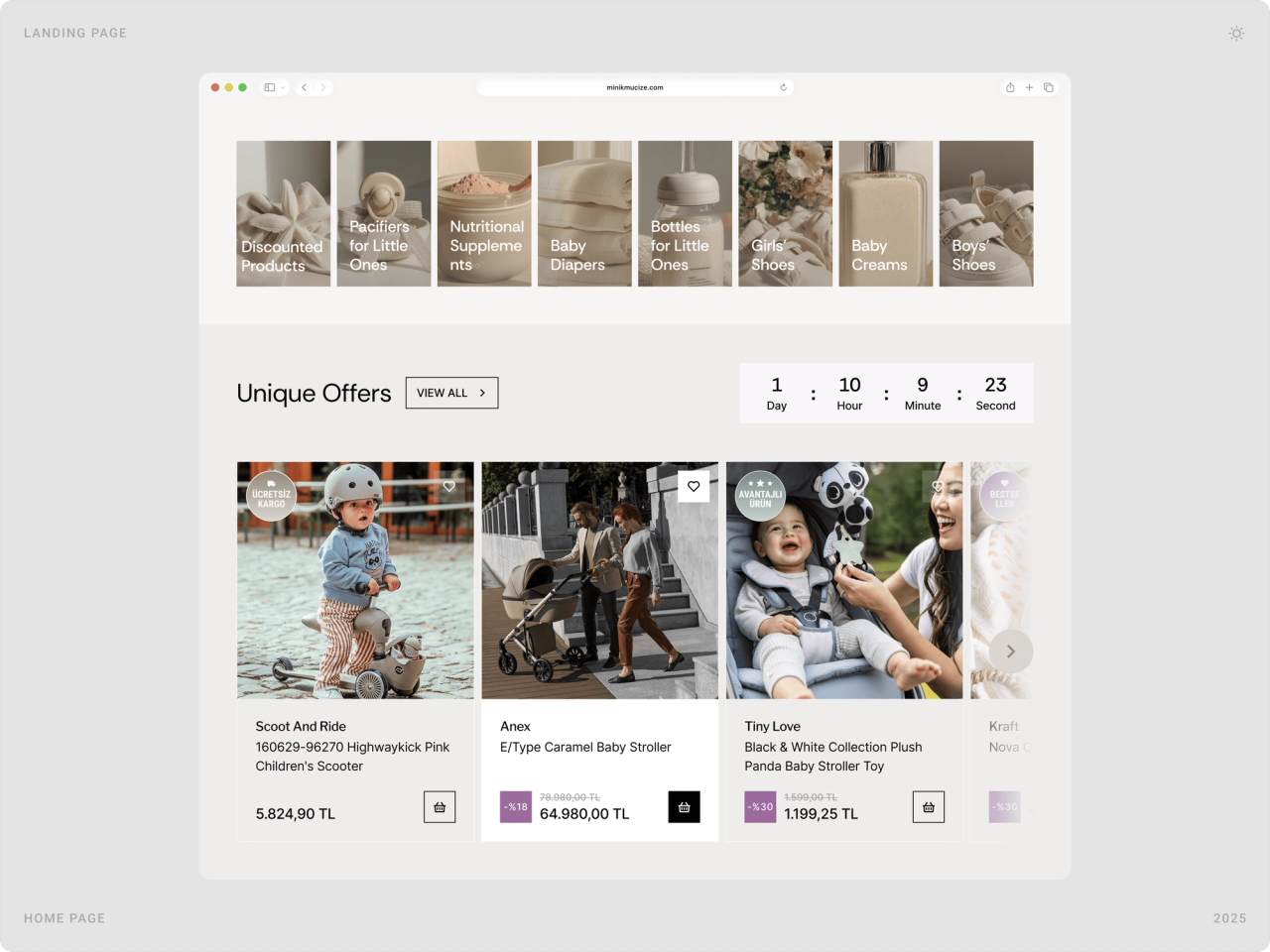Homepage category tiles and the “Unique Offers” product carousel with a day, hour, minute and second countdown