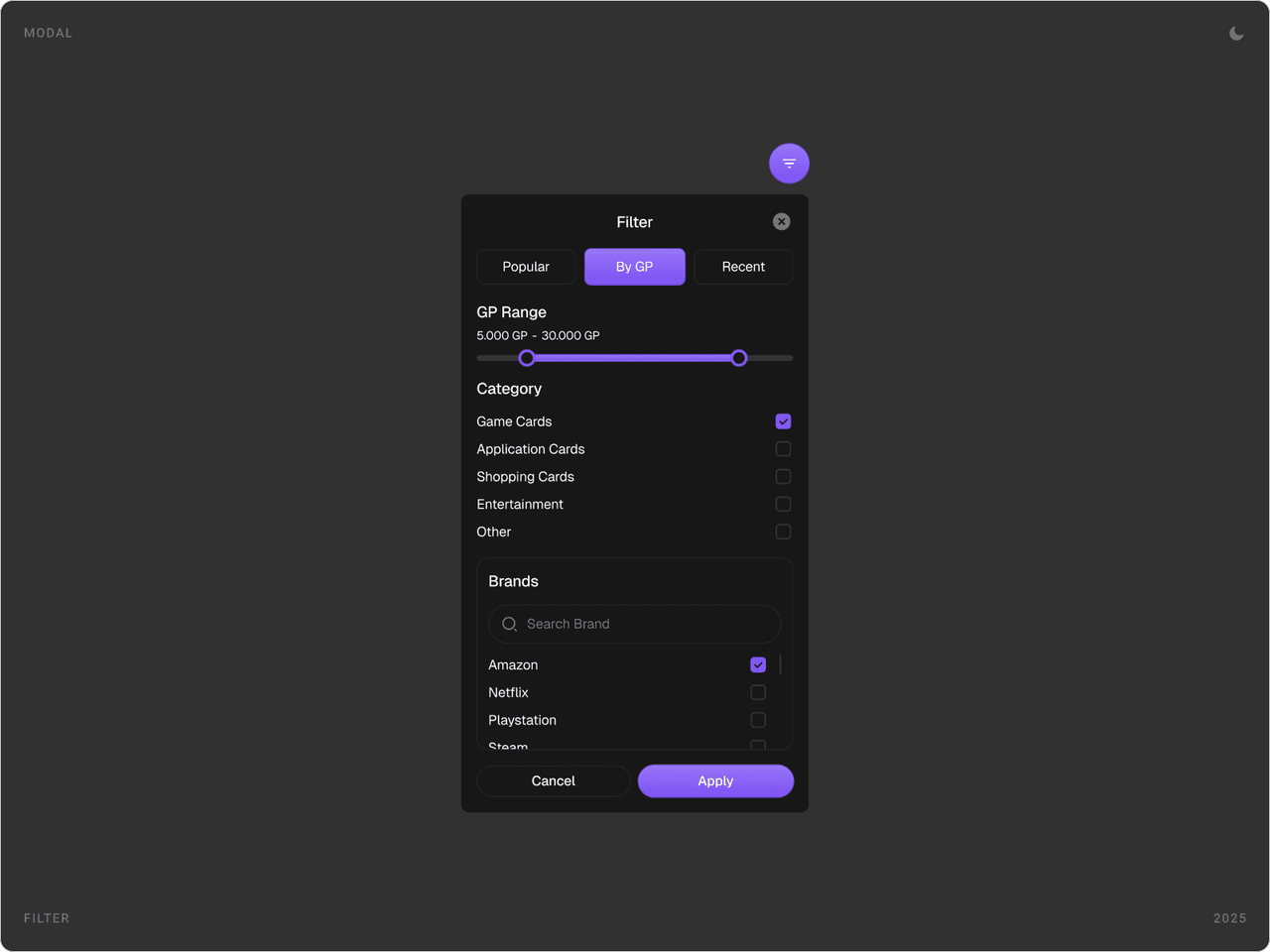 Filter modal with Popular, By GP and Recent tabs, a GP range slider, category checkboxes and a brand search