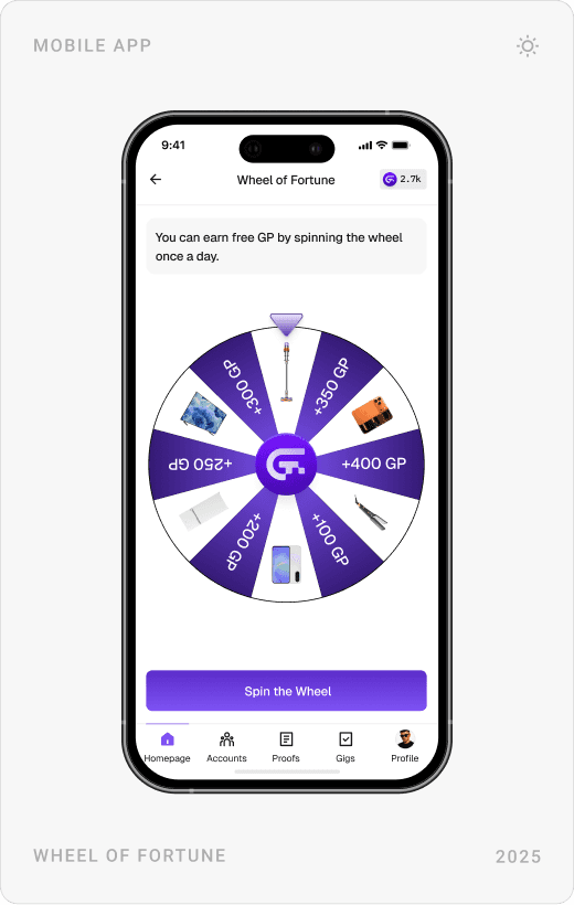Bonuses screen with login series, marathon, friend invitation and raffle; a wheel of fortune; and a congratulations screen
