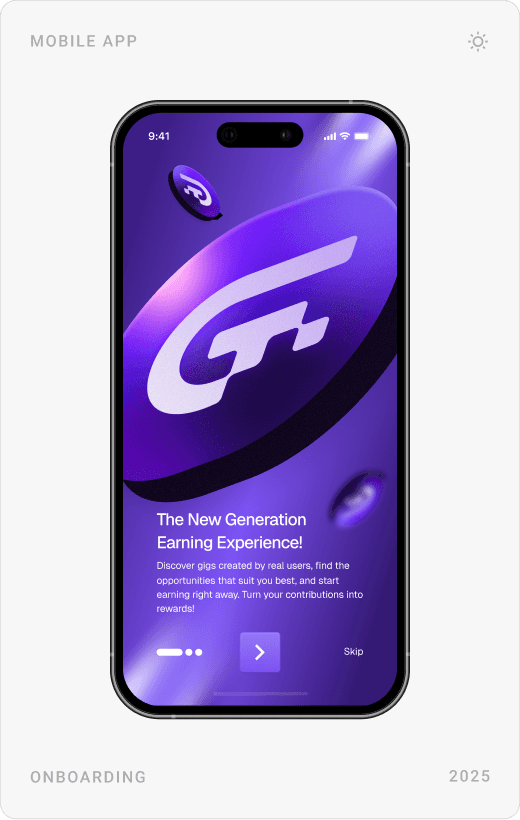 Gigcep onboarding: “The New Generation Earning Experience”, “Real Gigs from Real Users” and an earnings tracking slide