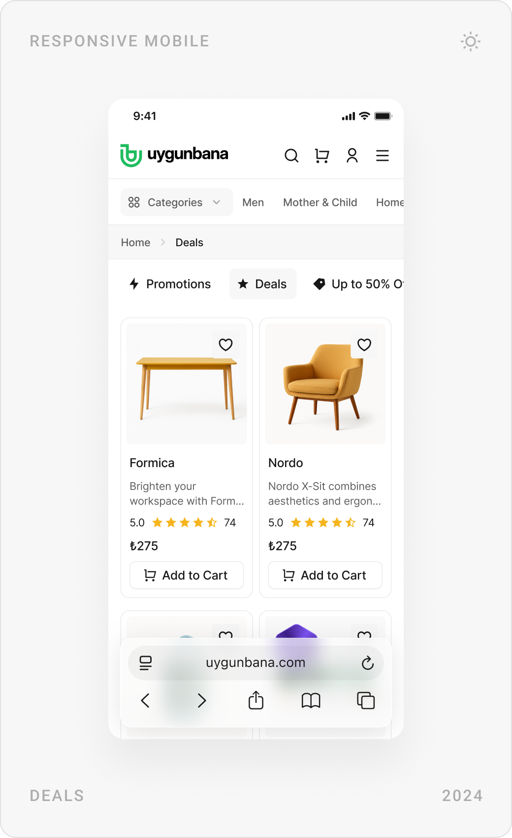 Mobile FAQ with expandable questions, a 404 page not found screen and a deals page