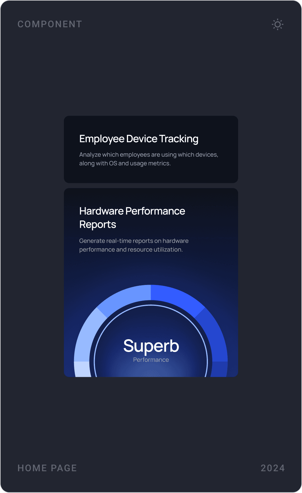 Dark hardware cards: device inventory management with device filtering, hardware usage insights table, employee device tracking and performance reports