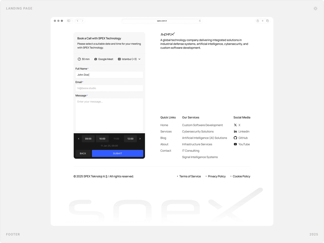 Footer with booking widget, company description, quick links, services, social media and a large faded Spex wordmark