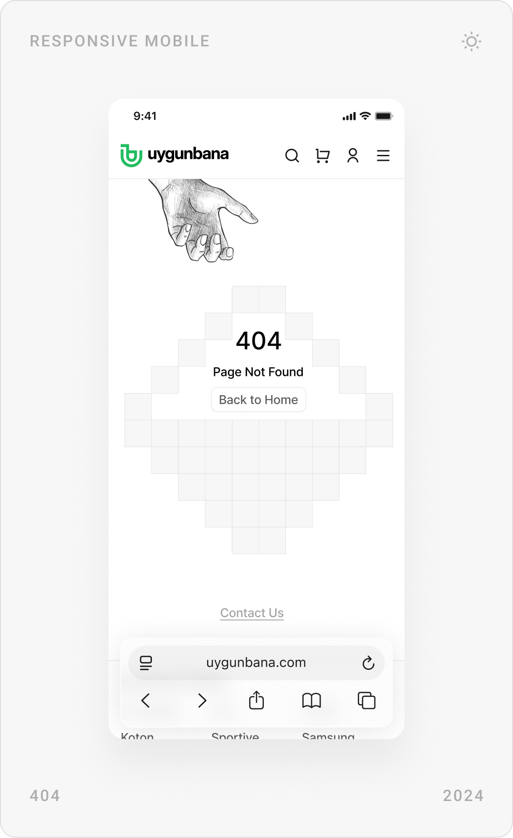 Mobile FAQ with expandable questions, a 404 page not found screen and a deals page